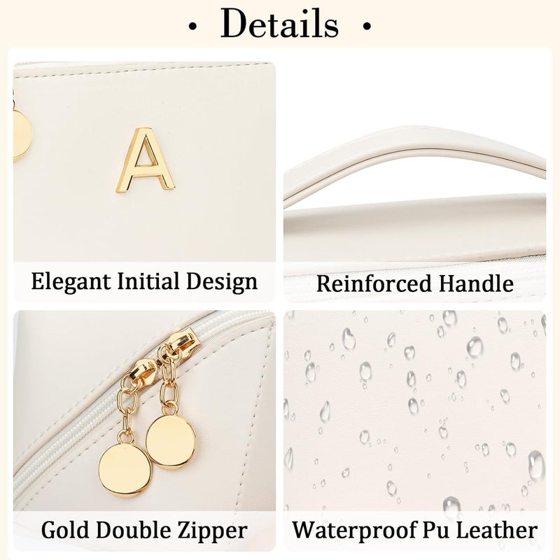 CLOUDWINGS Birthday Gifts for Women Teen Girl, Personalized Initial Makeup Organizer Bag Set, Open Flat Travel Cosmetic Bag With Clear Divider and Handle(Beige,A) - Image 4